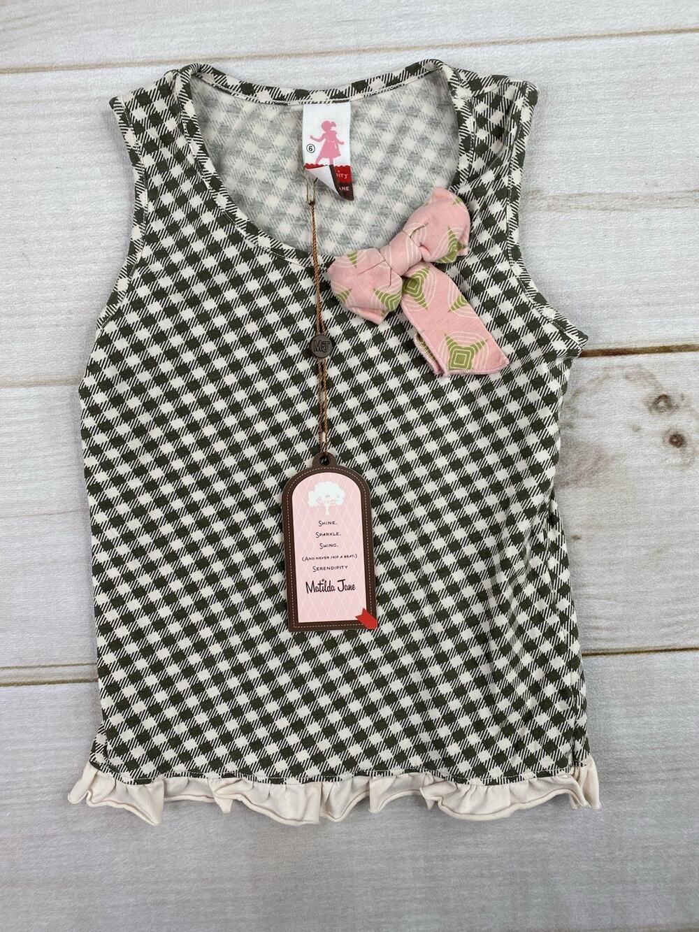 Serendipity By Matilda Jan Tank Top Girls 6 Green Plaid Ruffle Pink Bow NWT